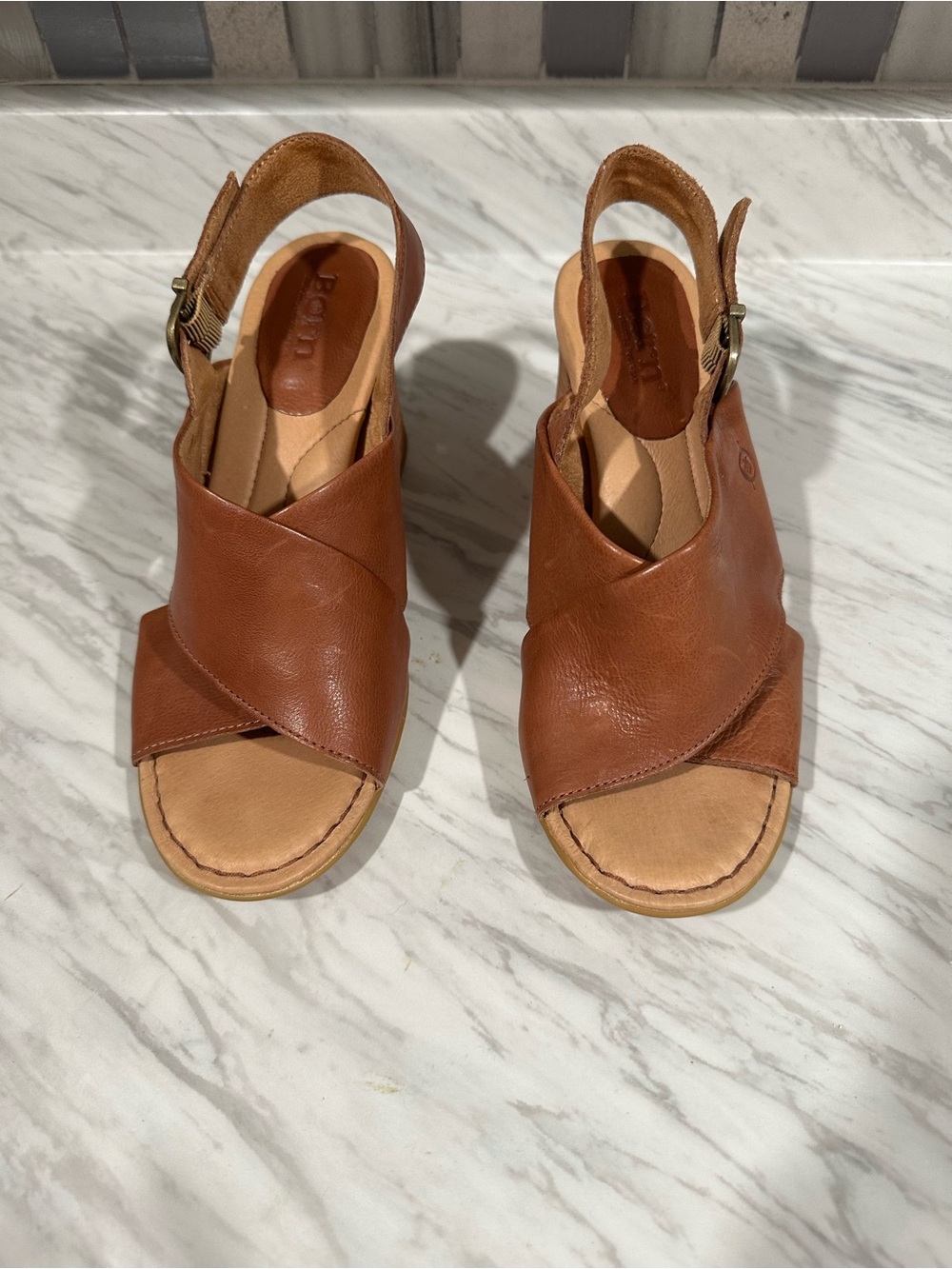 Born Tan Brown Leather Crisscross Slingback Sandals